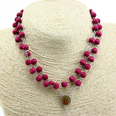 Burgundy Wooden Rosary Necklace – Cross Pendant