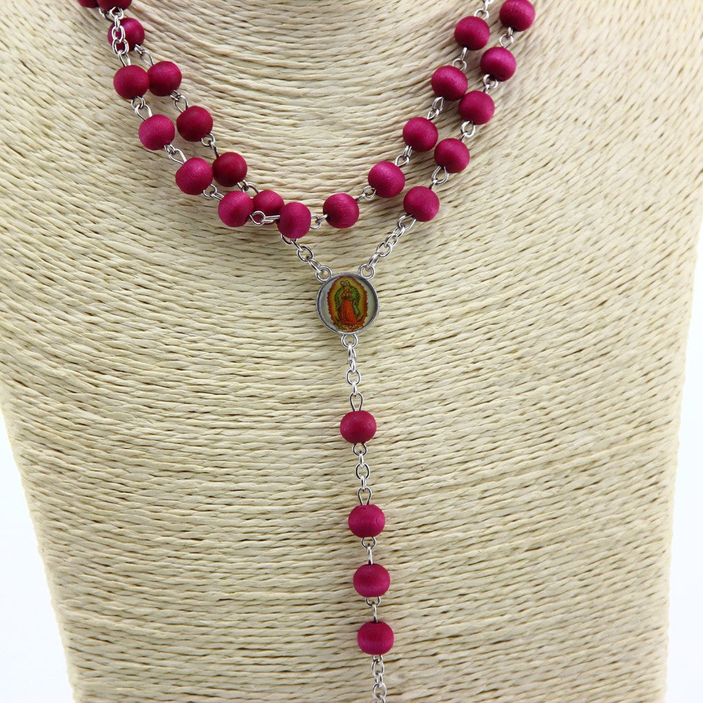 Burgundy Wooden Rosary Necklace – Cross Pendant