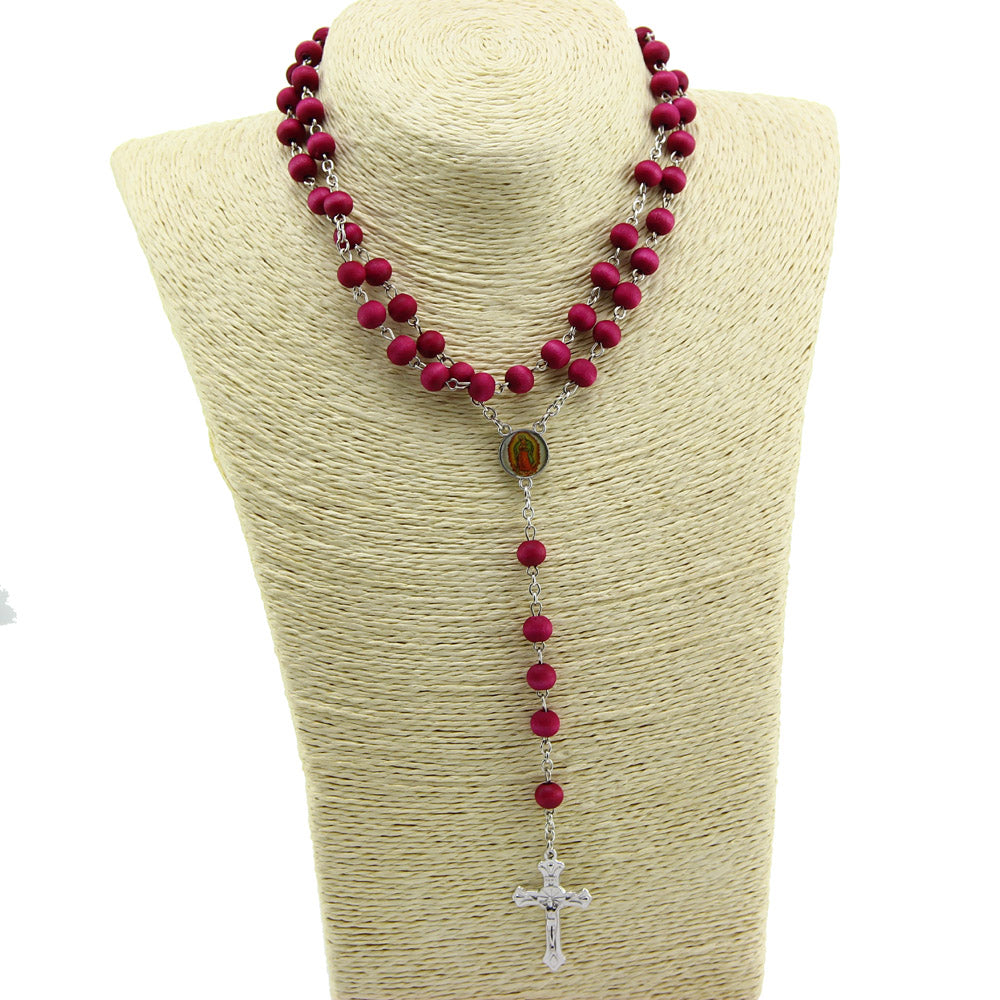 Burgundy Wooden Rosary Necklace – Cross Pendant