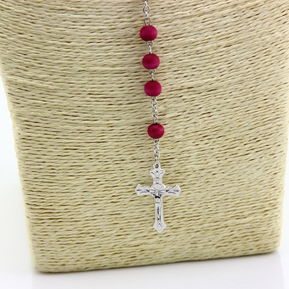 Burgundy Wooden Rosary Necklace – Cross Pendant