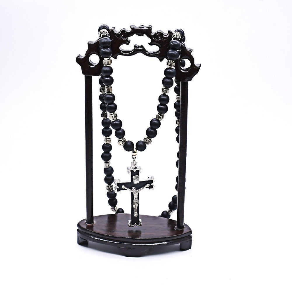 Black / White Wooden Rosary Bracelet – Cross Beaded Design
