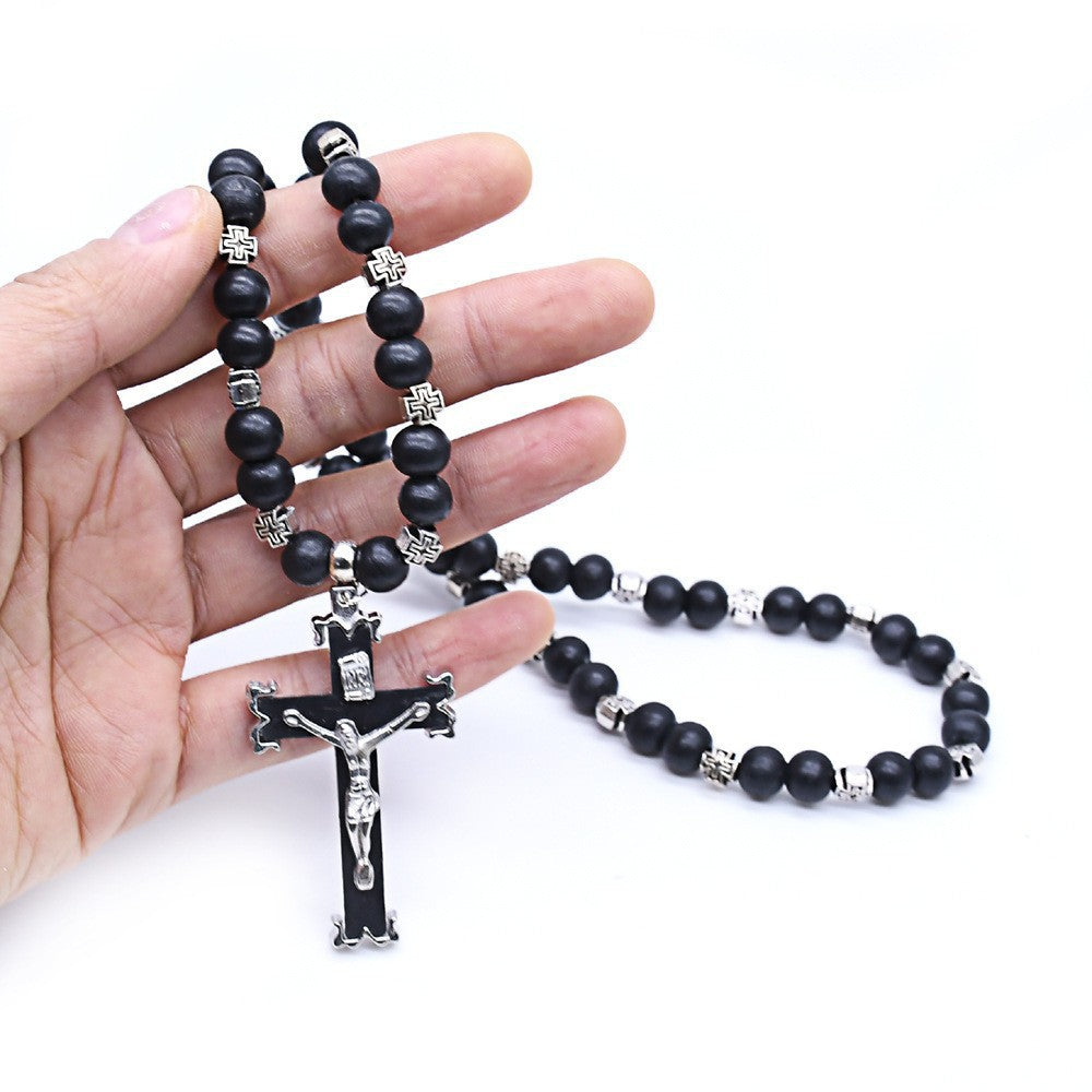 Black / White Wooden Rosary Bracelet – Cross Beaded Design