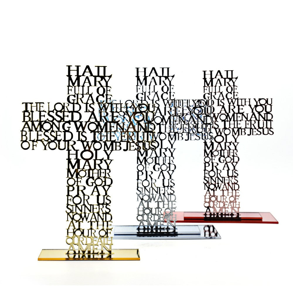 Acrylic Cross Ornament Stand with Hail Mary Prayer for Home, Office & Religious Decor