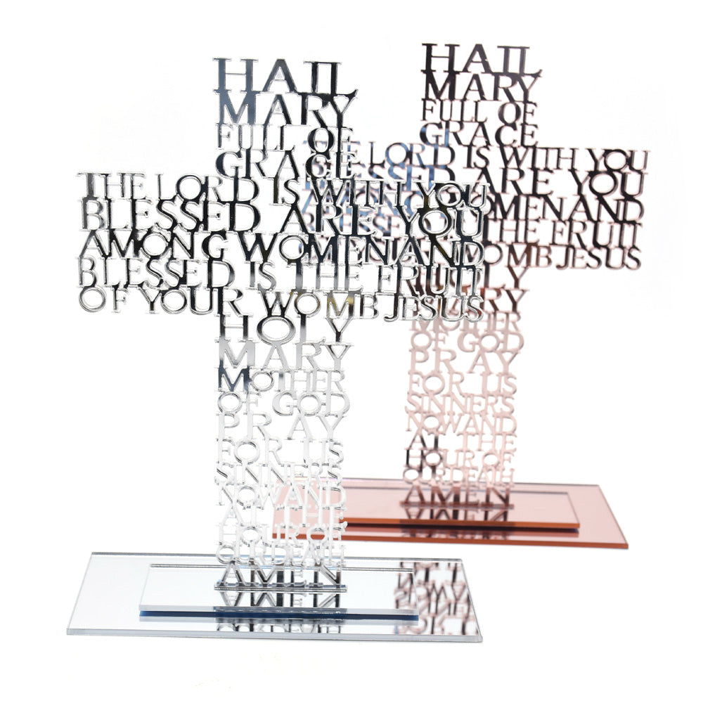 Acrylic Cross Ornament Stand with Hail Mary Prayer for Home, Office & Religious Decor