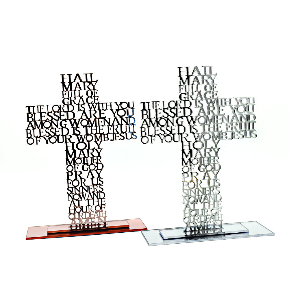 Acrylic Cross Ornament Stand with Hail Mary Prayer for Home, Office & Religious Decor