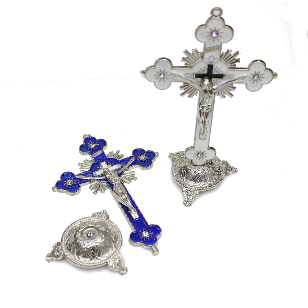 Alloy Cross Ornament Stand with Floral Design for Home, Office & Religious Decor