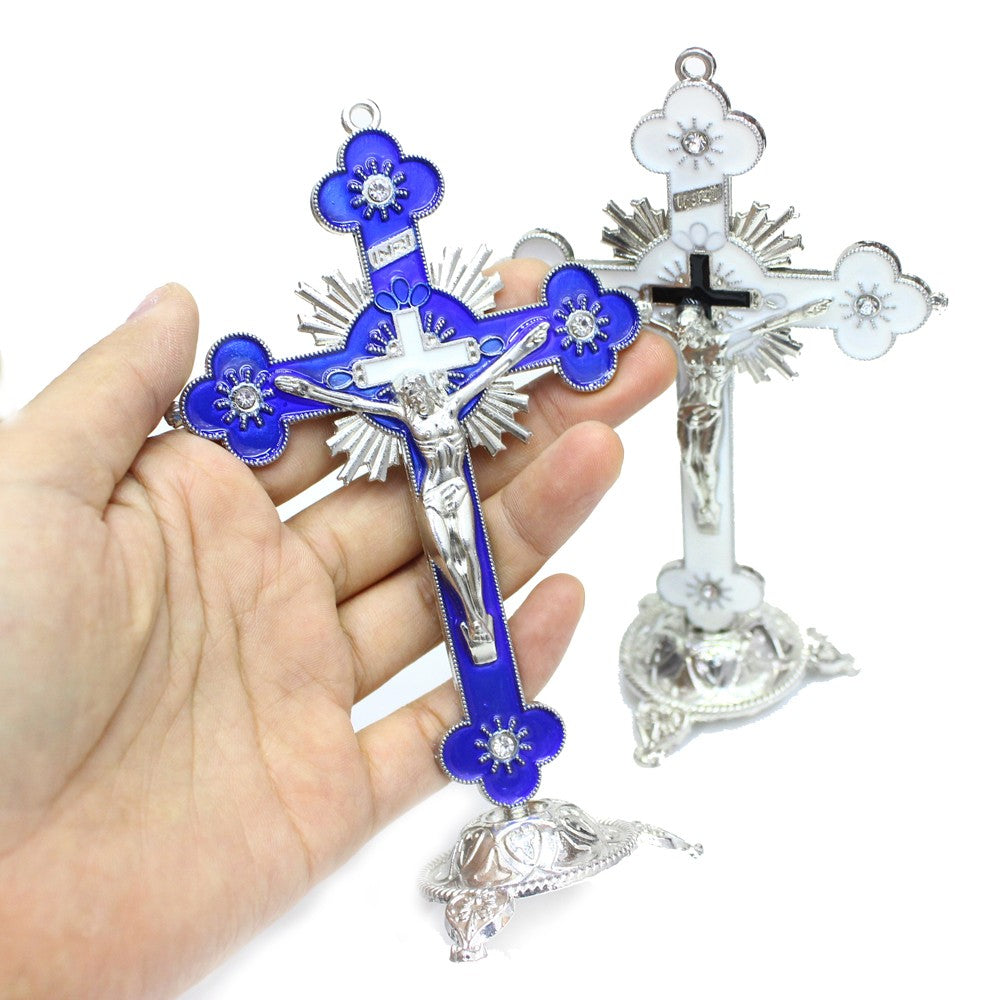 Alloy Cross Ornament Stand with Floral Design for Home, Office & Religious Decor