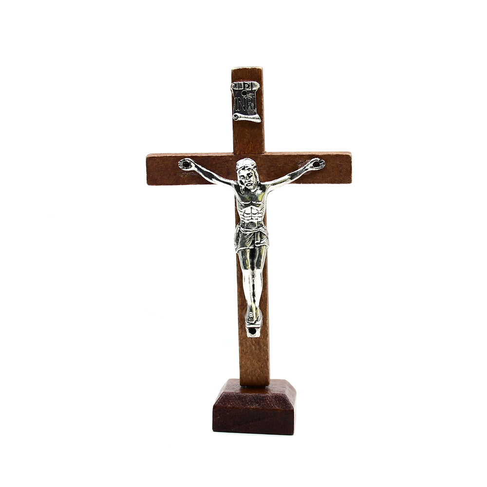Wooden Crucifix Ornament Stand with Metal Jesus for Home, Office & Religious Decor