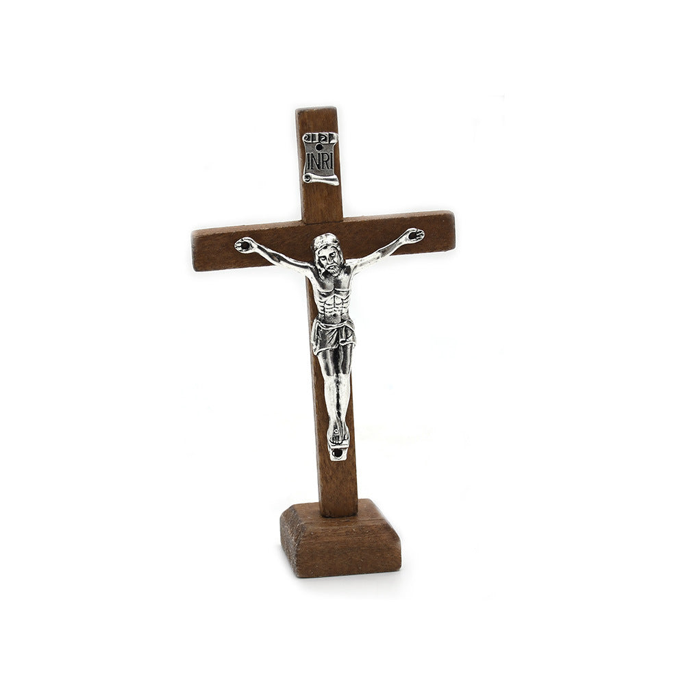 Wooden Crucifix Ornament Stand with Metal Jesus for Home, Office & Religious Decor