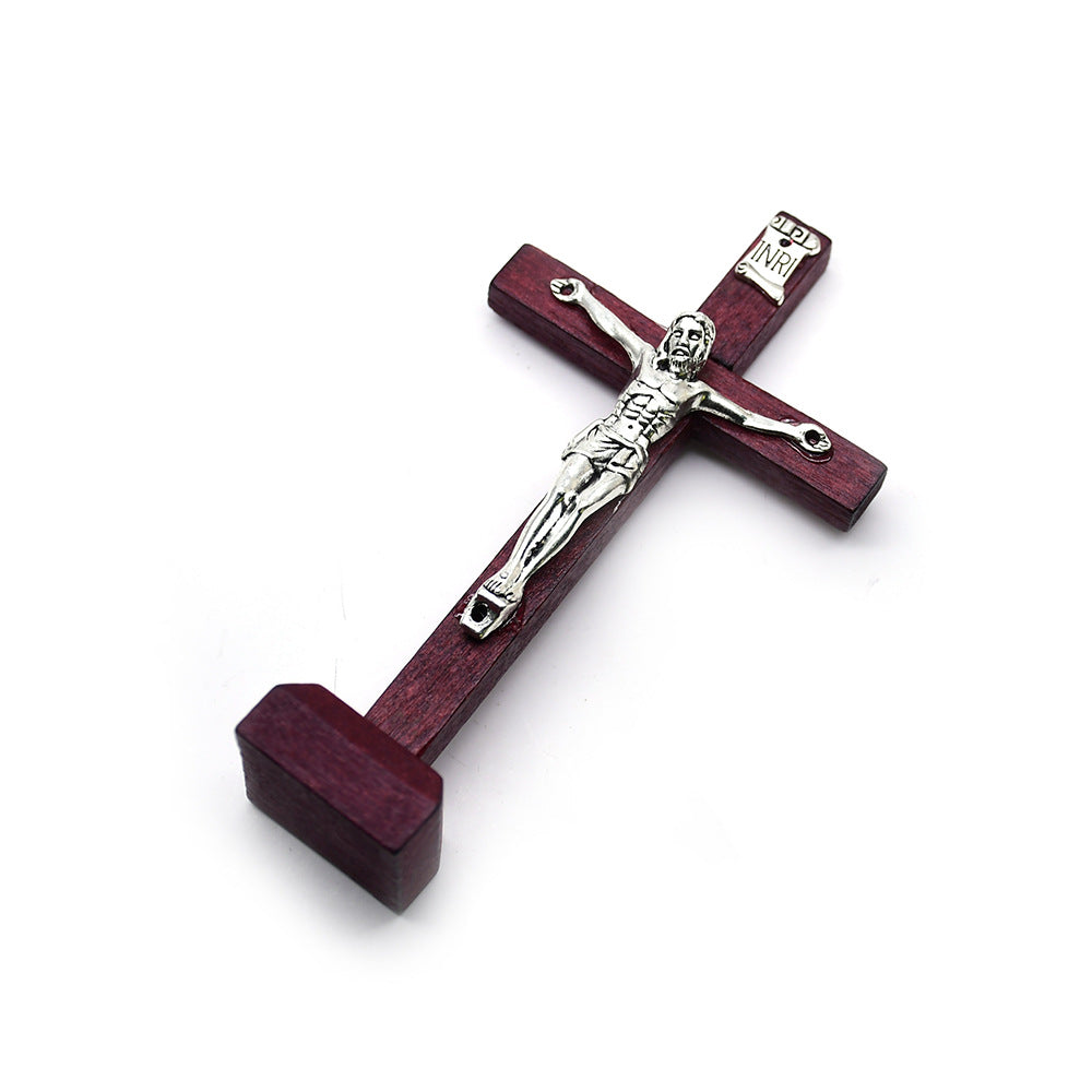 Wooden Crucifix Ornament Stand with Metal Jesus for Home, Office & Religious Decor