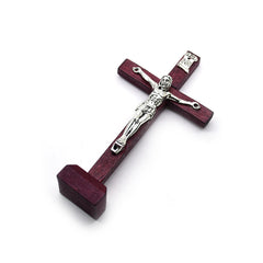 Wooden Crucifix Ornament Stand with Metal Jesus for Home, Office & Religious Decor