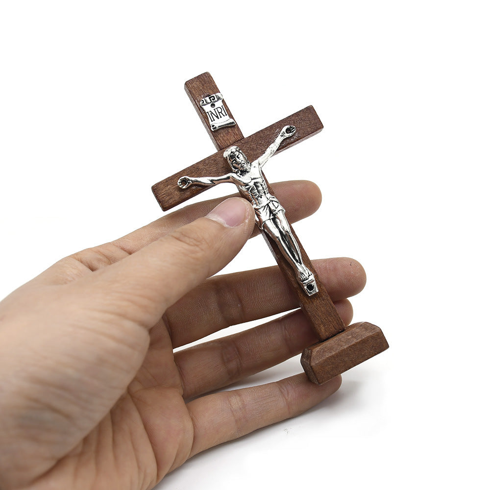 Wooden Crucifix Ornament Stand with Metal Jesus for Home, Office & Religious Decor