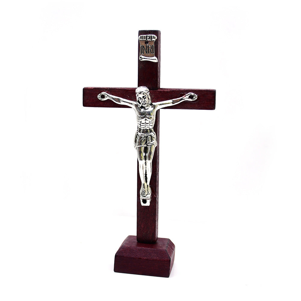 Wooden Crucifix Ornament Stand with Metal Jesus for Home, Office & Religious Decor