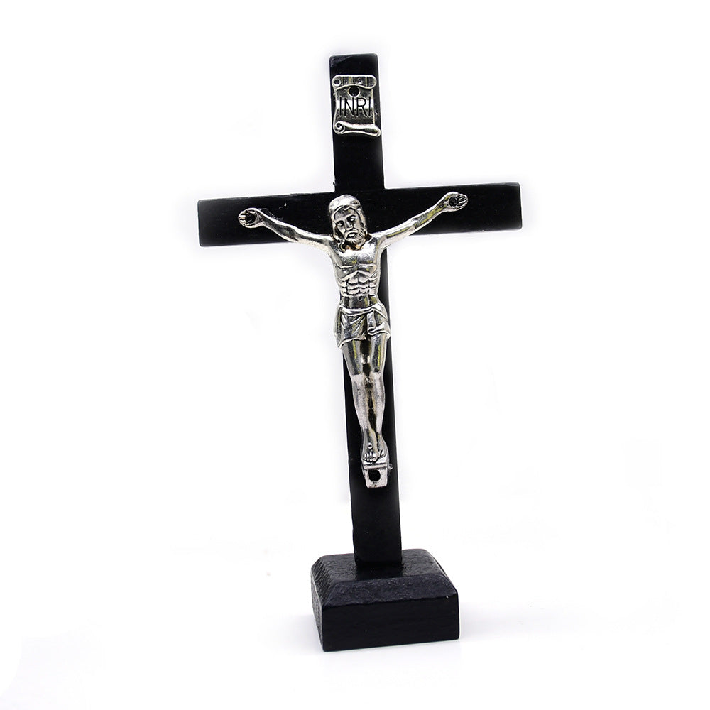 Wooden Crucifix Ornament Stand with Metal Jesus for Home, Office & Religious Decor