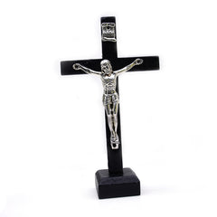 Wooden Crucifix Ornament Stand with Metal Jesus for Home, Office & Religious Decor
