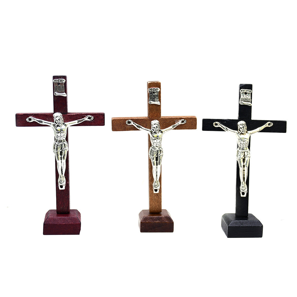 Wooden Crucifix Ornament Stand with Metal Jesus for Home, Office & Religious Decor