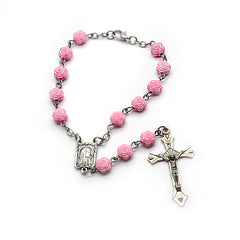 Pink Rose Rosary Bracelet – Cross Beads (Car Charm)
