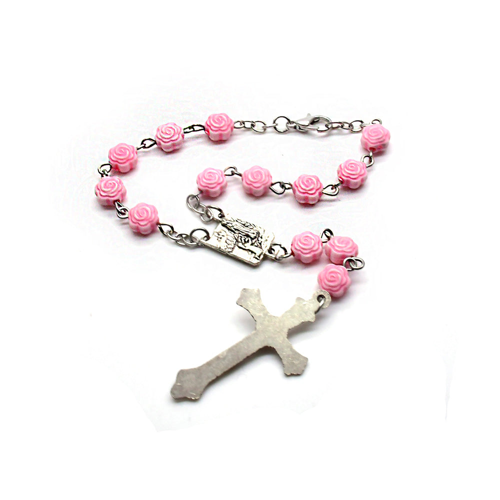 Pink Rose Rosary Bracelet – Cross Beads (Car Charm)