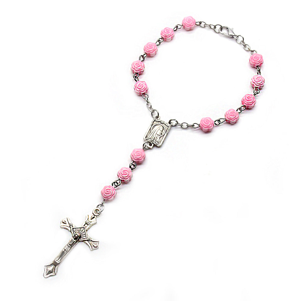 Pink Rose Rosary Bracelet – Cross Beads (Car Charm)