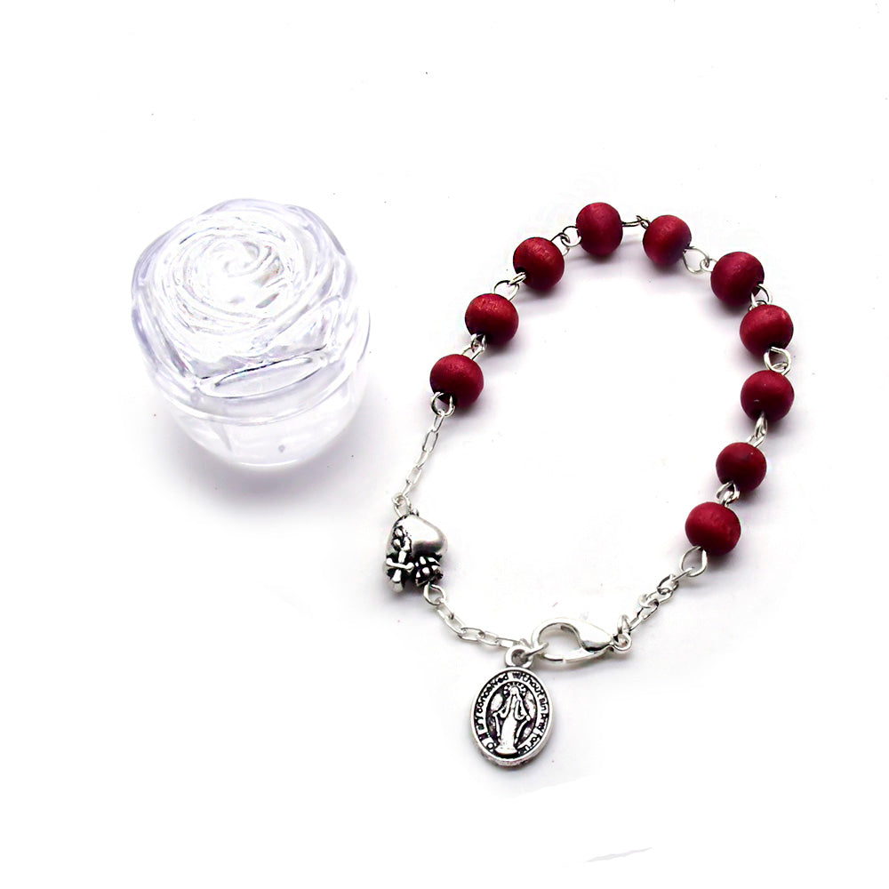 Vintage Italian Sacred Heart Rosary Bracelet – Scented Wooden Beads with Antique Silver (Mini Gift Box)