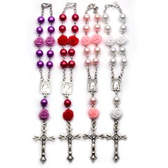 8mm Pearl Rosary Bracelet – Rose Beads with Cross (Car Charm)
