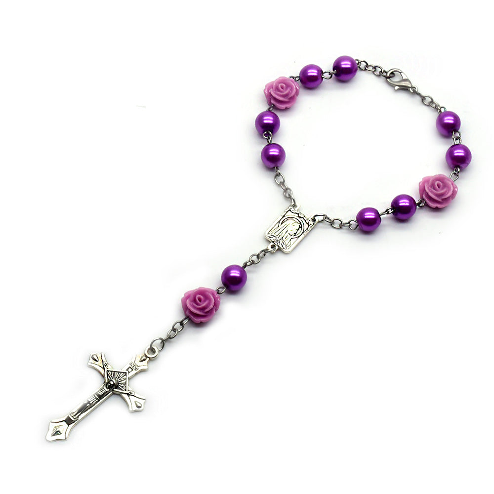 8mm Pearl Rosary Bracelet – Rose Beads with Cross (Car Charm)