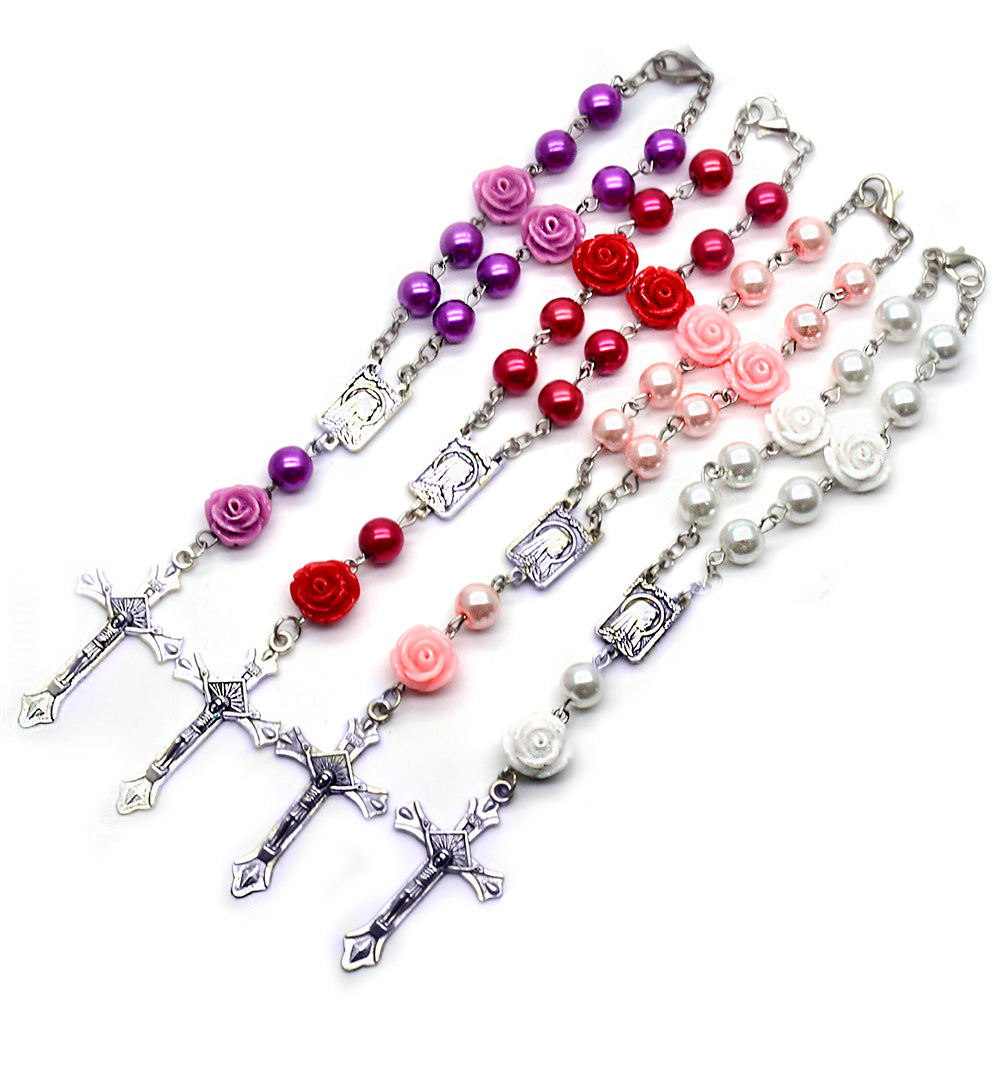 8mm Pearl Rosary Bracelet – Rose Beads with Cross (Car Charm)