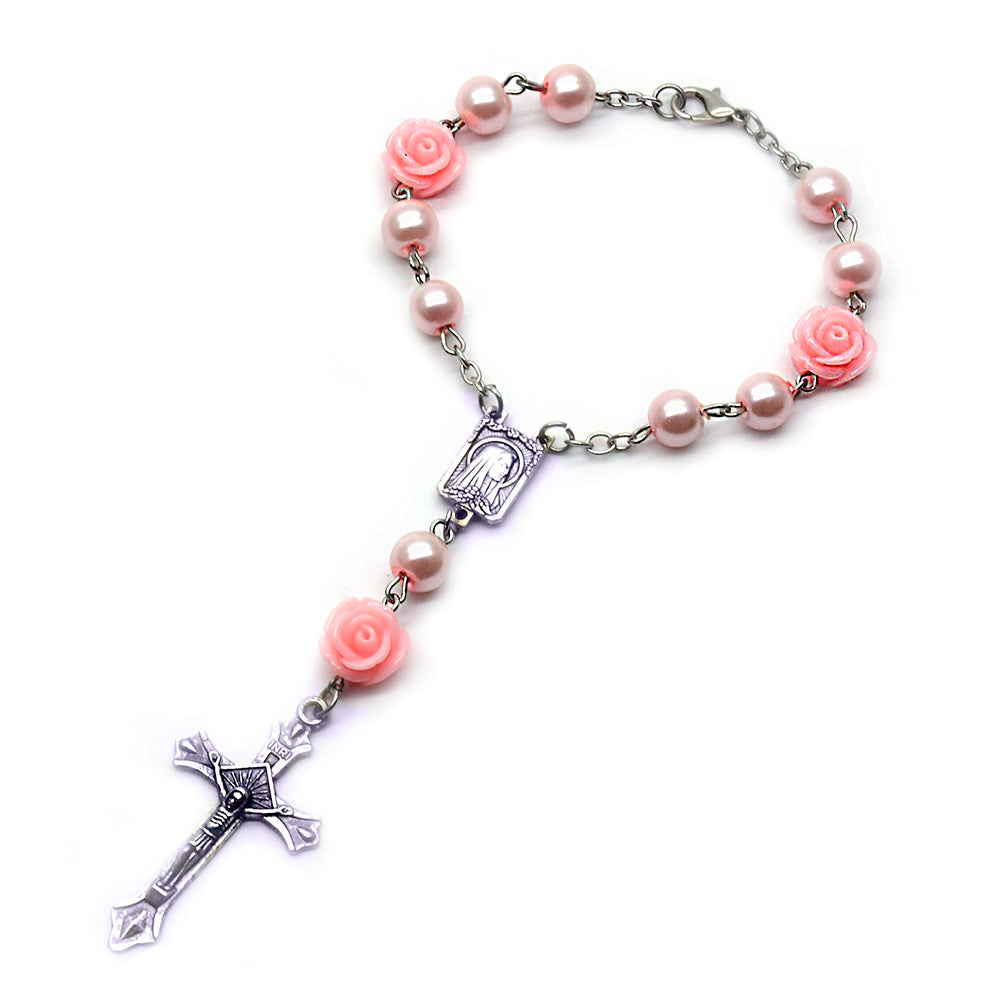 8mm Pearl Rosary Bracelet – Rose Beads with Cross (Car Charm)
