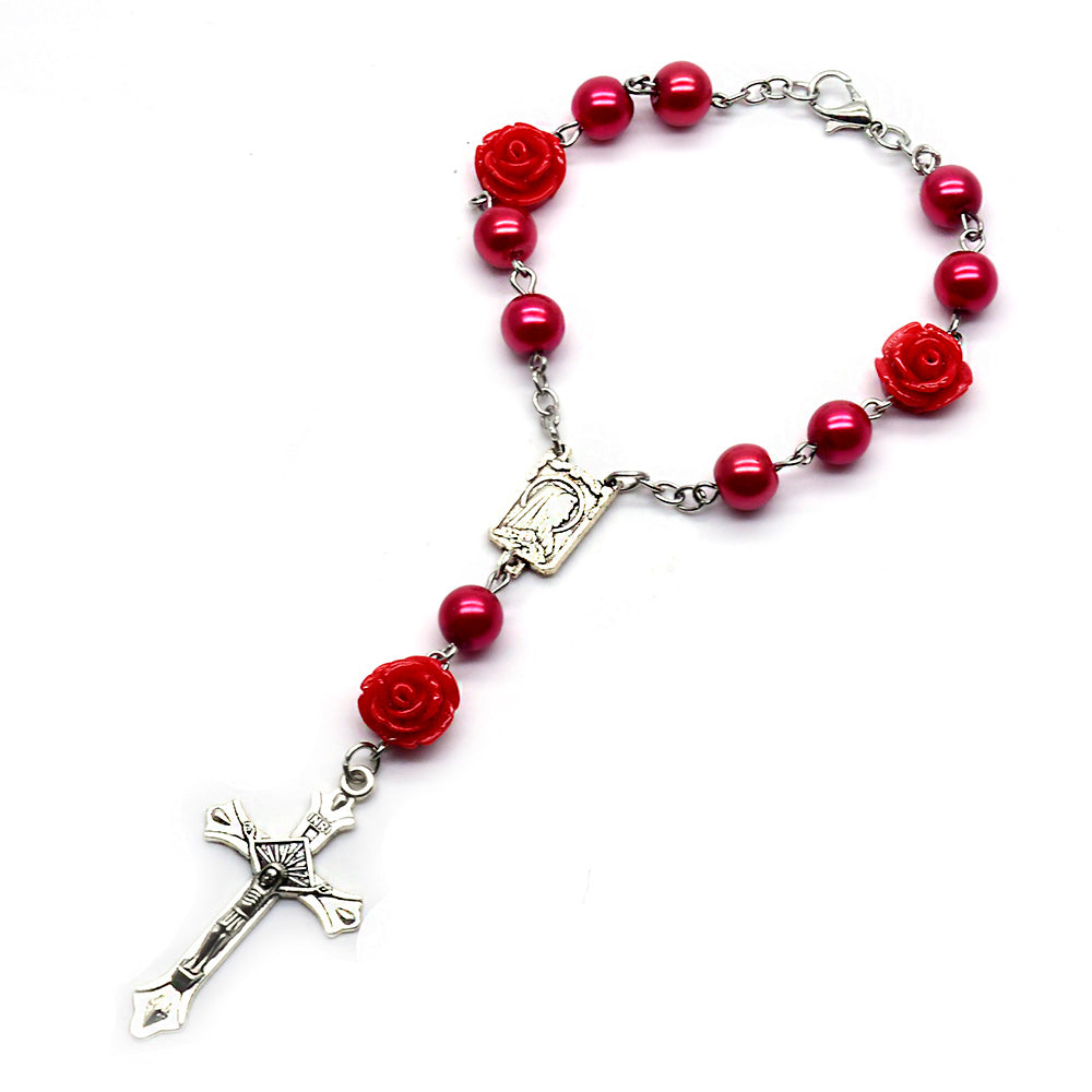 8mm Pearl Rosary Bracelet – Rose Beads with Cross (Car Charm)