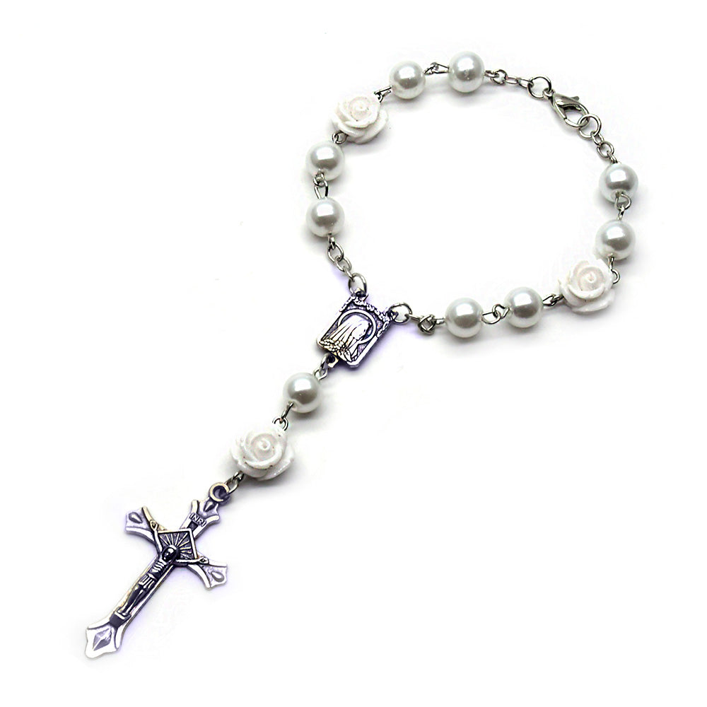8mm Pearl Rosary Bracelet – Rose Beads with Cross (Car Charm)