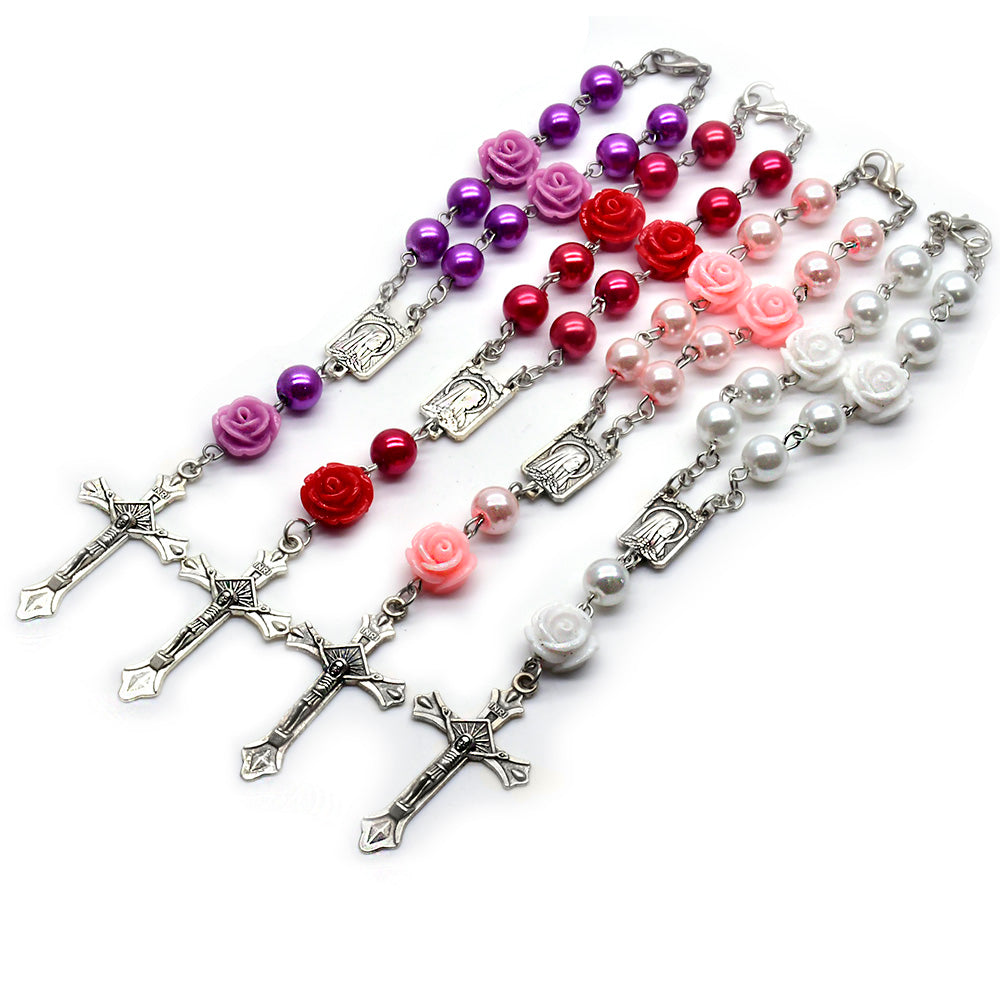 8mm Pearl Rosary Bracelet – Rose Beads with Cross (Car Charm)