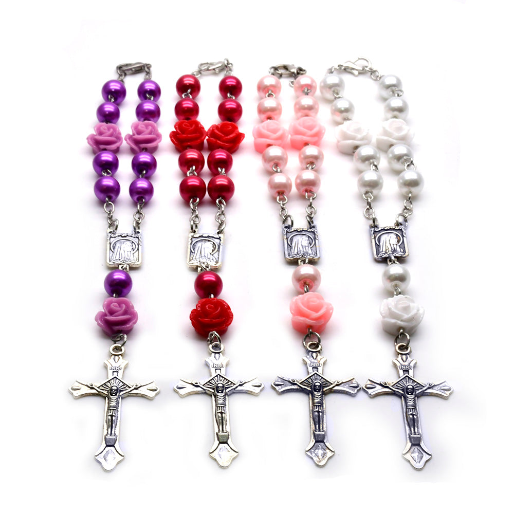 8mm Pearl Rosary Bracelet – Rose Beads with Cross (Car Charm)