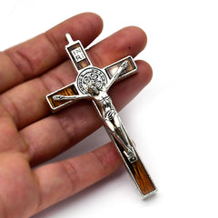 Vintage Wood-Look Cross Pendant – Metal Crucifix Hanging Charm