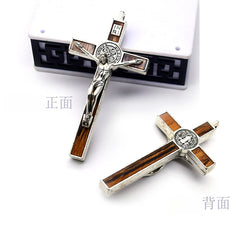 Vintage Wood-Look Cross Pendant – Metal Crucifix Hanging Charm