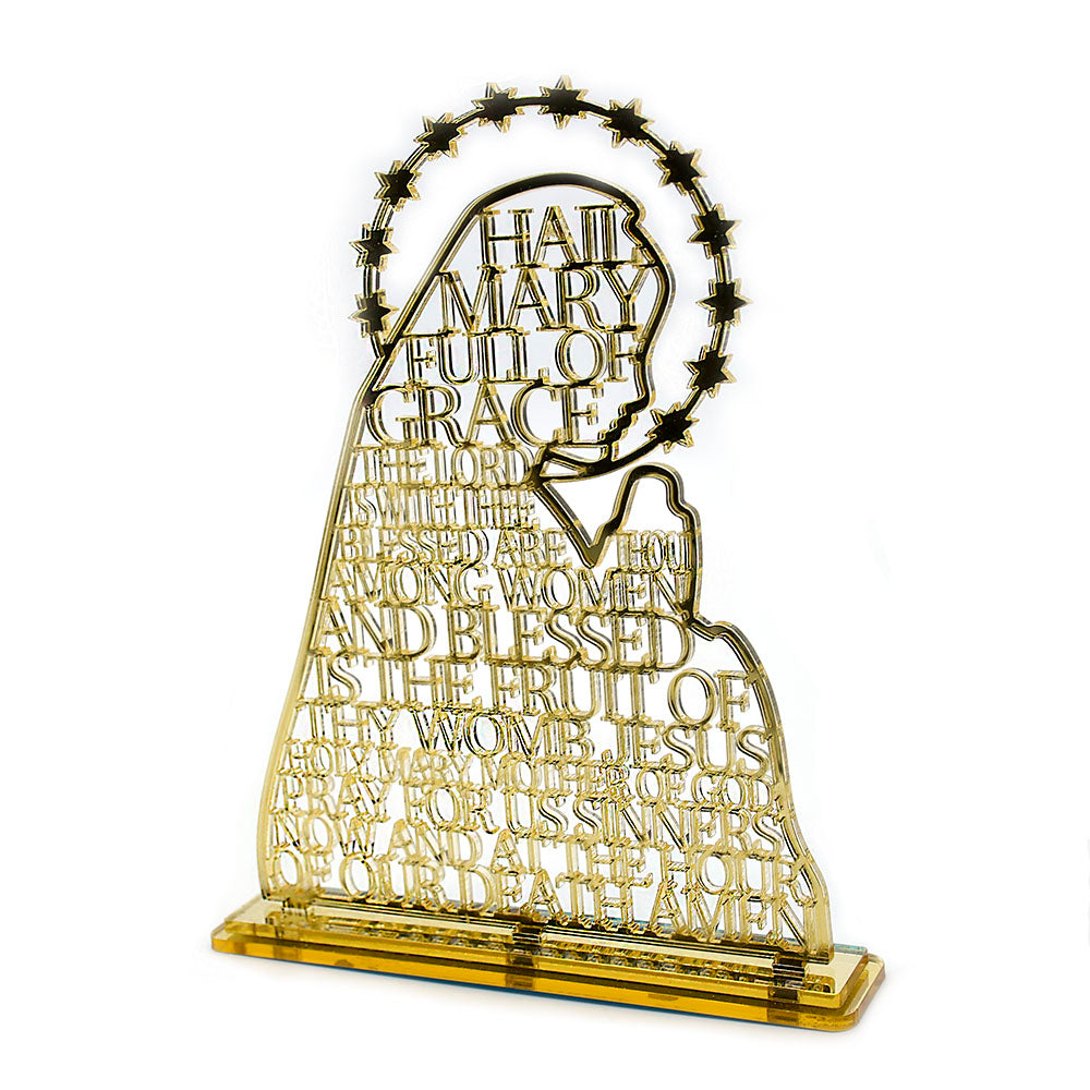 Gold Acrylic Virgin Mary Ornament Stand with Scripture for Home Decor