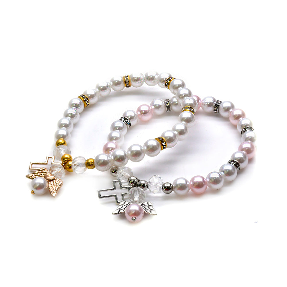Angel Cross Pearl Bracelet – White & Pink Baptism Rosary