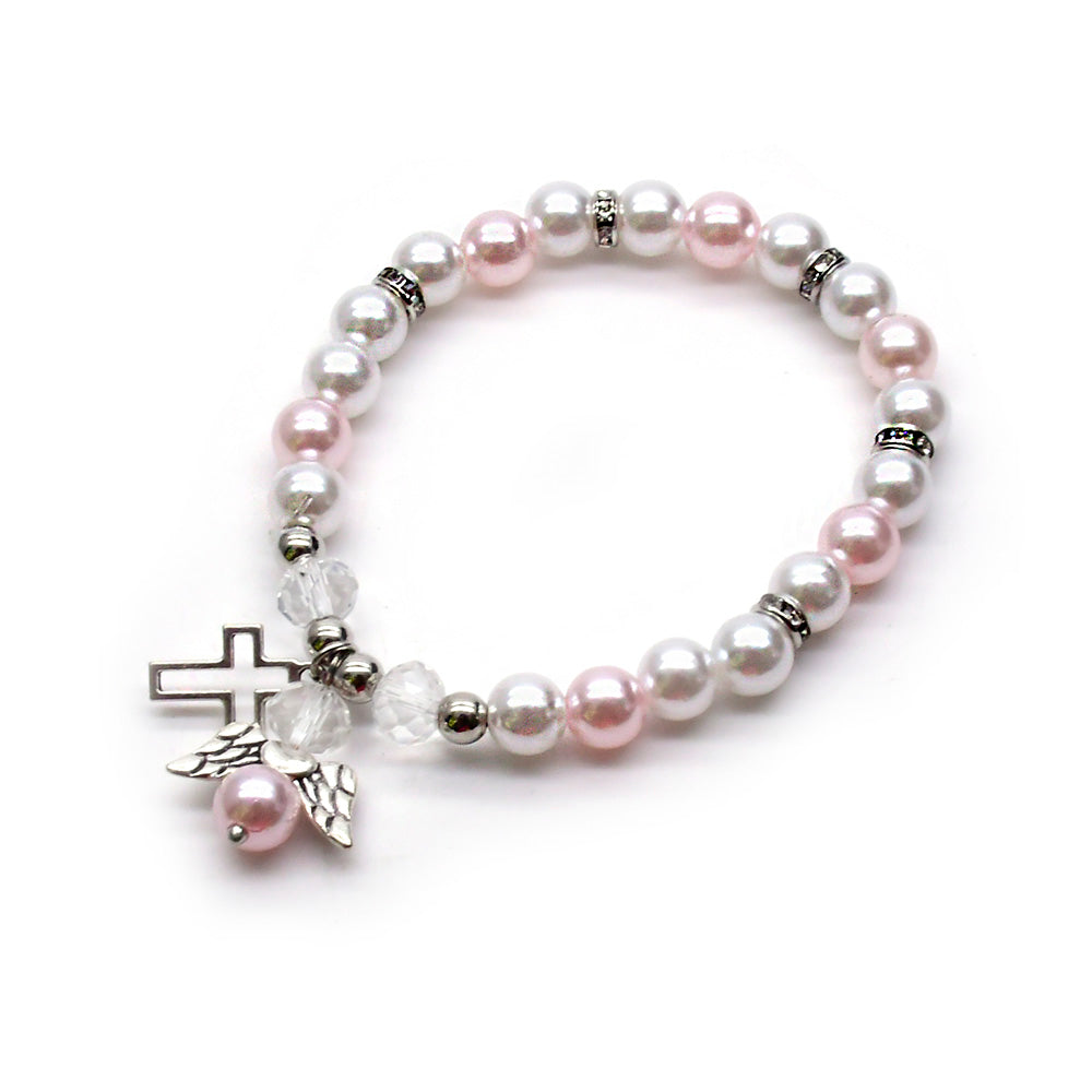Angel Cross Pearl Bracelet – White & Pink Baptism Rosary