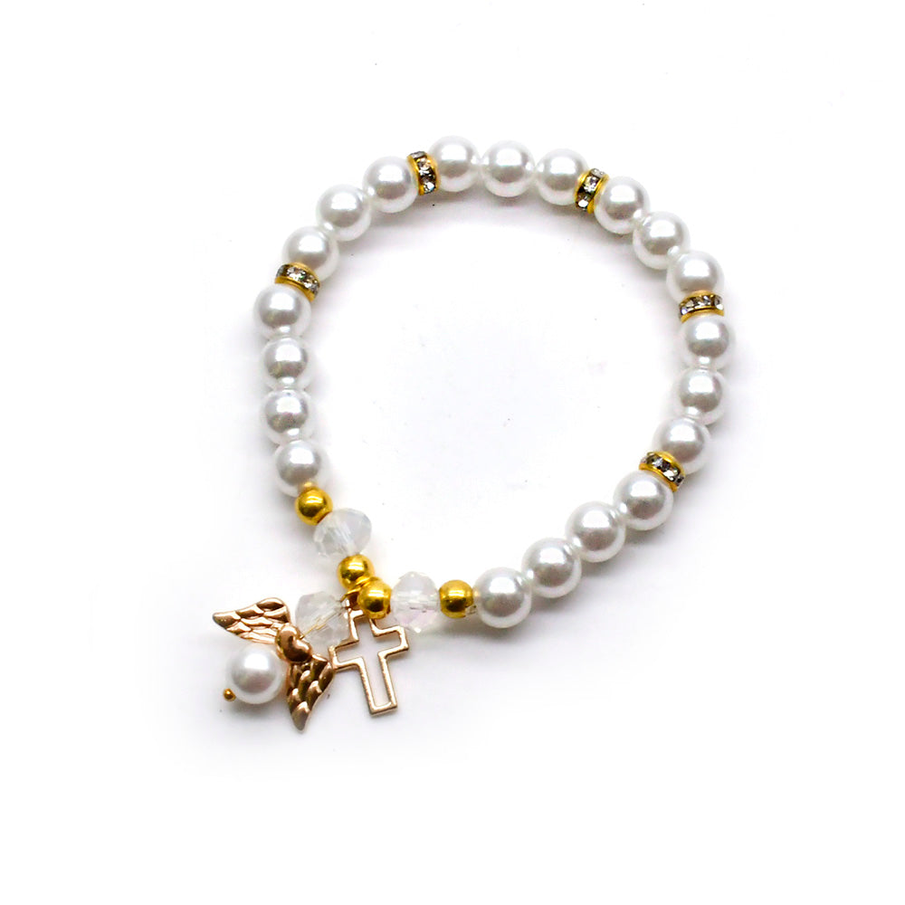 Angel Cross Pearl Bracelet – White & Pink Baptism Rosary