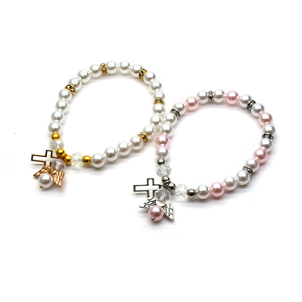 Angel Cross Pearl Bracelet – White & Pink Baptism Rosary