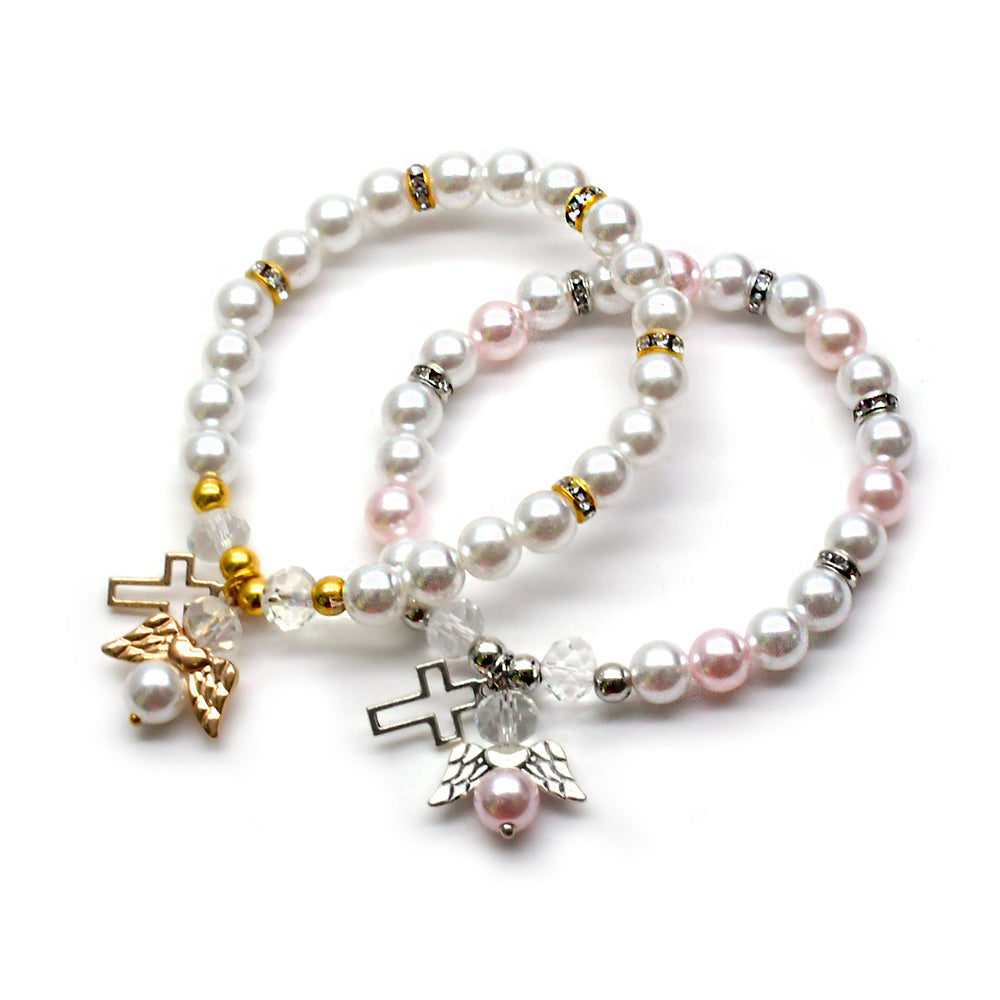 Angel Cross Pearl Bracelet – White & Pink Baptism Rosary