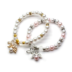 Angel Cross Pearl Bracelet – White & Pink Baptism Rosary