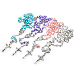 Faith Pearl Rosary Necklace – Cross & Sacred Medal Design (6mm Beads)