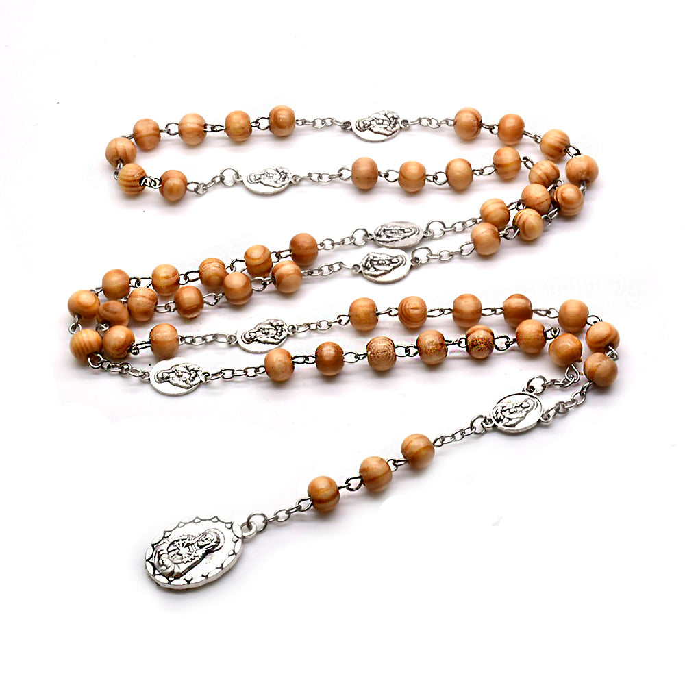 Seven Sorrows Rosary Necklace – Pine Wood Beads with Cross