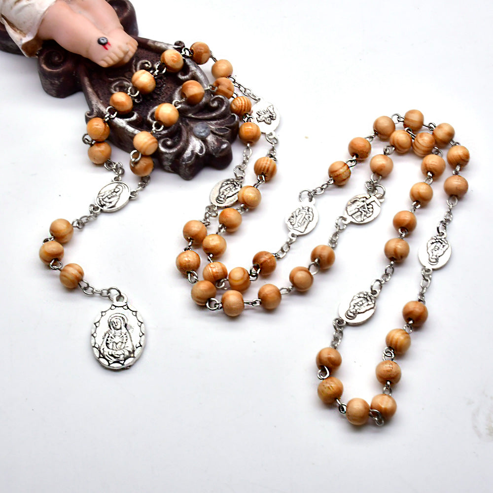 Seven Sorrows Rosary Necklace – Pine Wood Beads with Cross