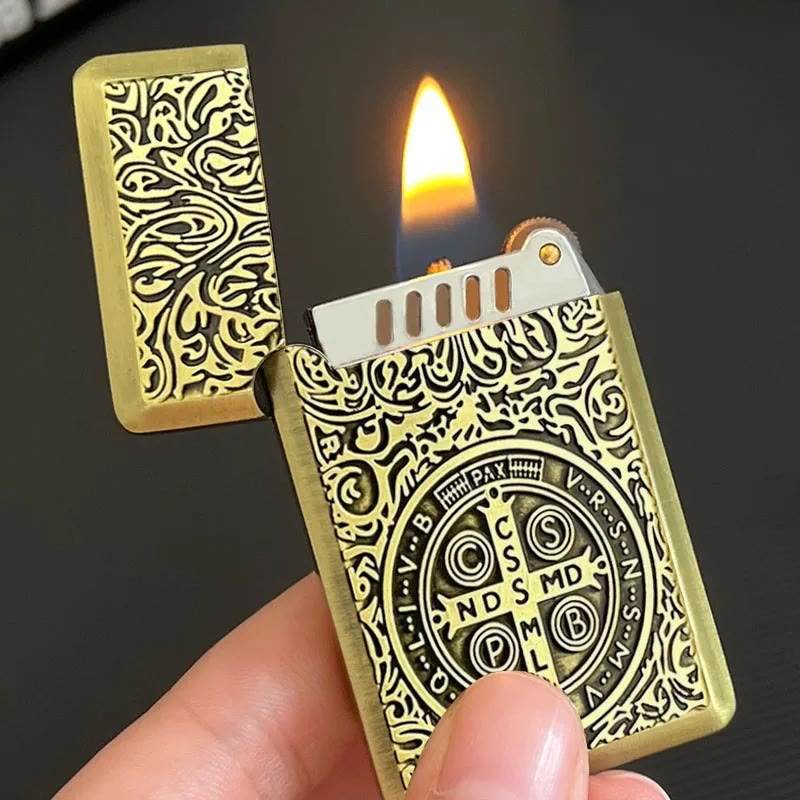 Carved St. Benedict Cross Medallion Solid Metal Cigarette Lighter
