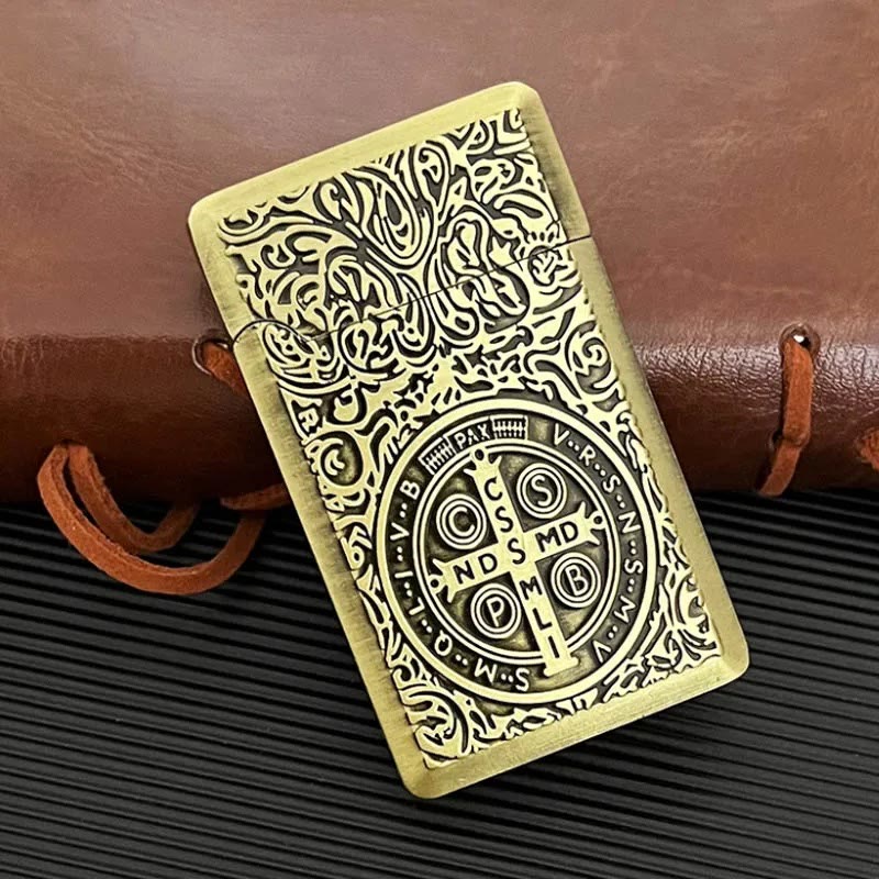 Carved St. Benedict Cross Medallion Solid Metal Cigarette Lighter