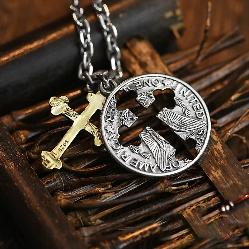 Vintage Double-sided Cross Coin Pendant Necklace
