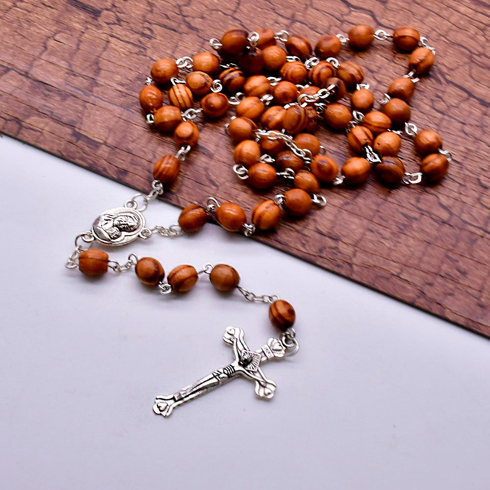 Jerusalem Pine Wood Rosary Necklace – Cross with Gift Box