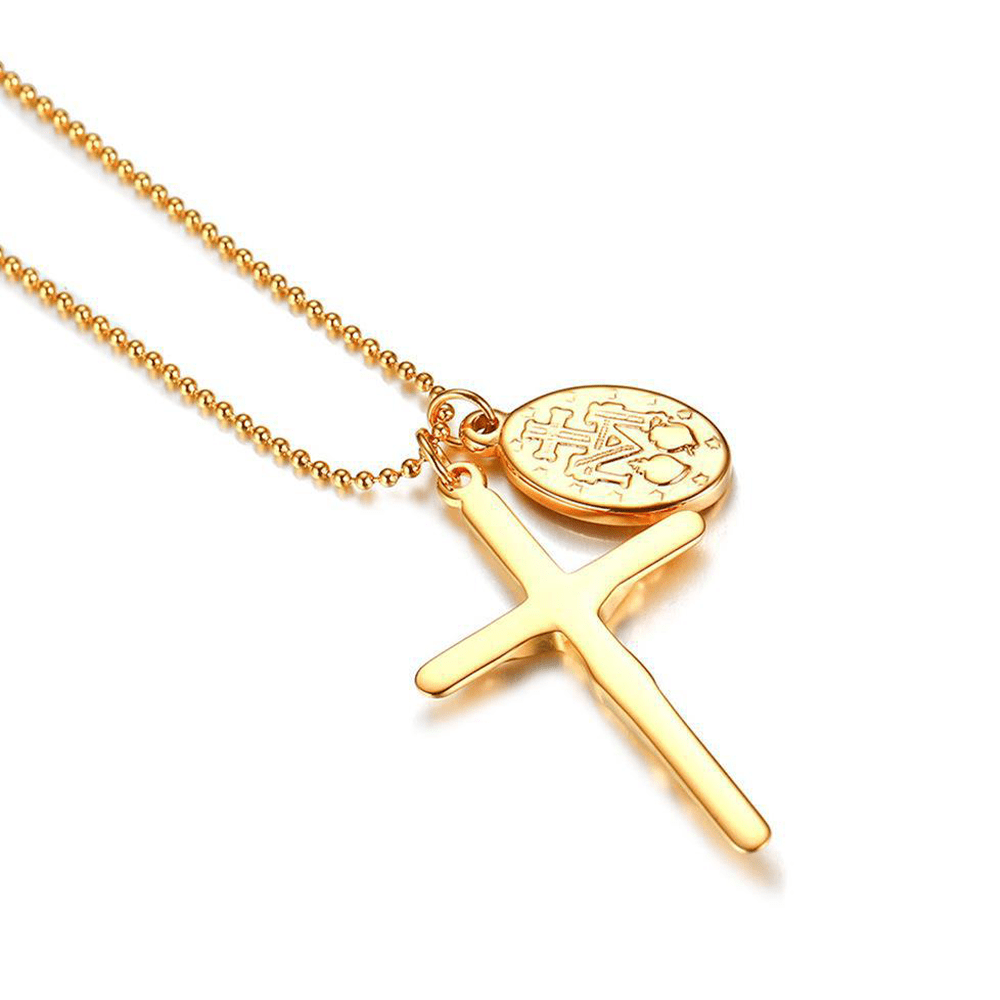 Virgin Mary Medallion Crucifix Titanium Necklace