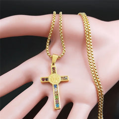 Saint Benedict Cross Mix Bible 12 Crystal Necklace